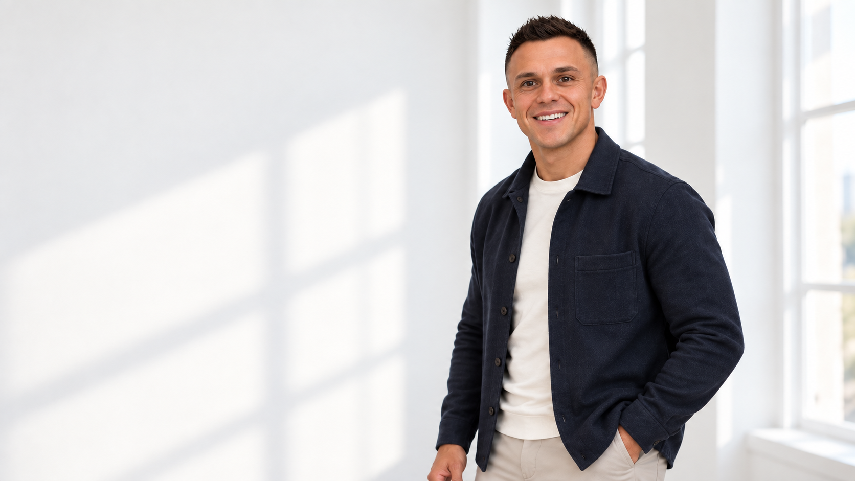 Iggy smiling in a navy jacket in a bright white room